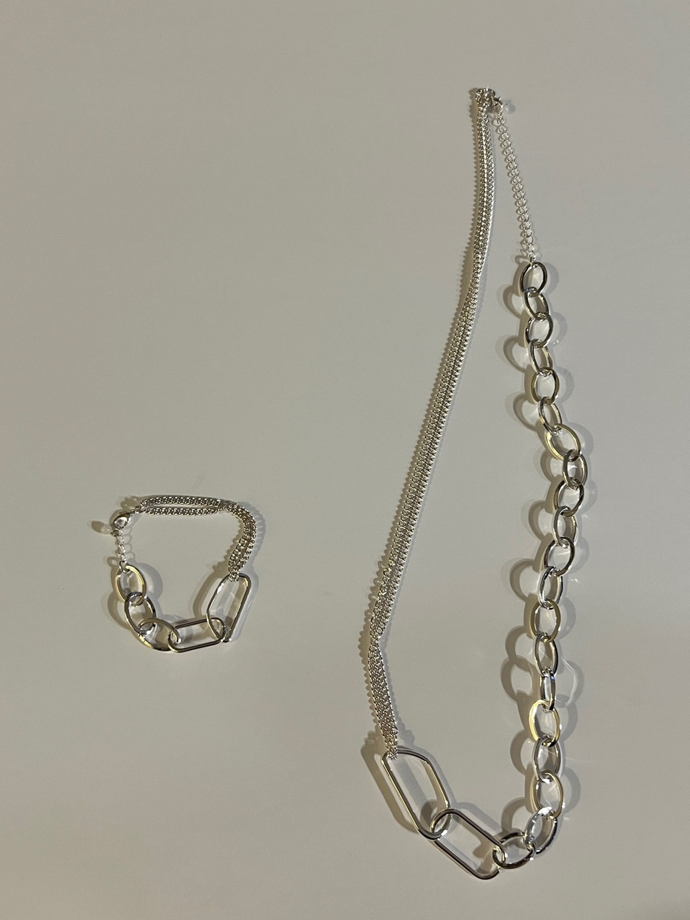 Silvertone chain link bracelet and necklace set